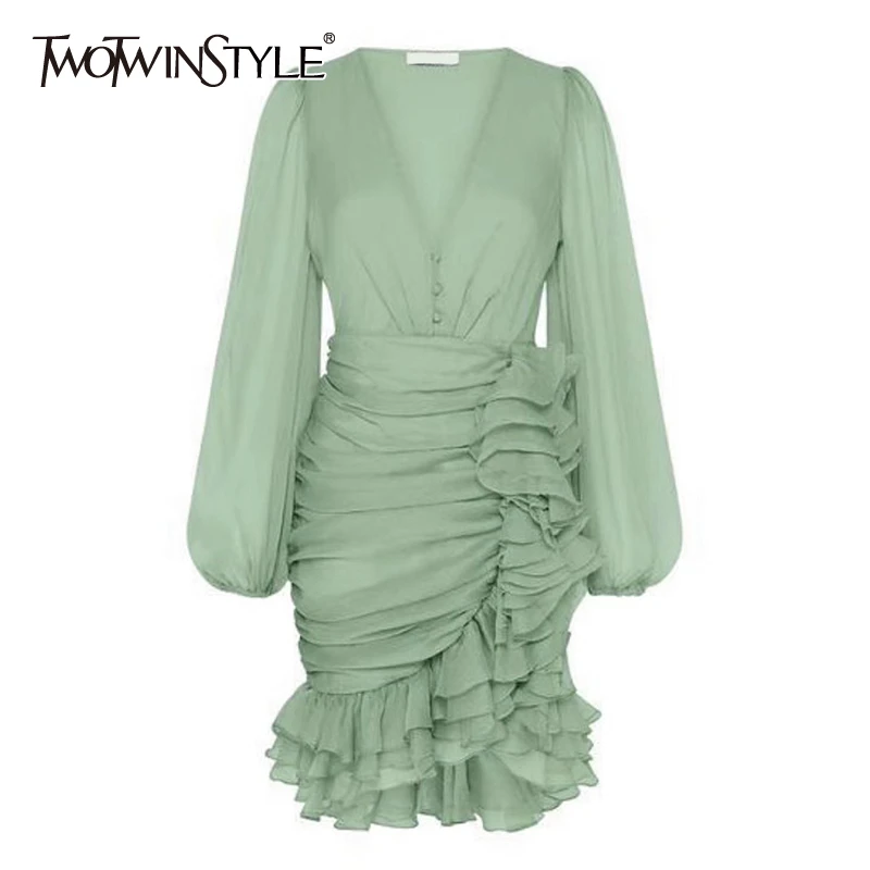 Женское асимметричное платье TWOTWINSTYLE элегантное с v-образным вырезом длинными