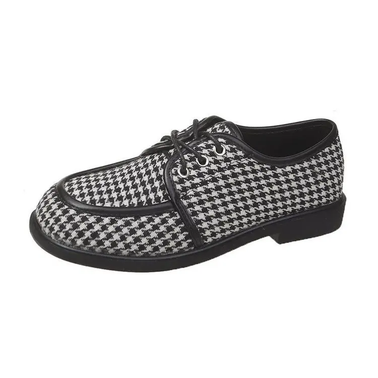 

OIMG Designe Women Shoes Spring New Round Toe Lace-up Retro Plaid Loafer Shoes British Small Leather Shoes Zapatos Mujer