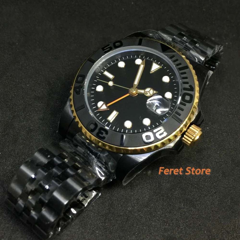 BLIGER 40 мм GMT стерильные Для Мужчин's Бизнес часы черный PVD Чехол циферблат