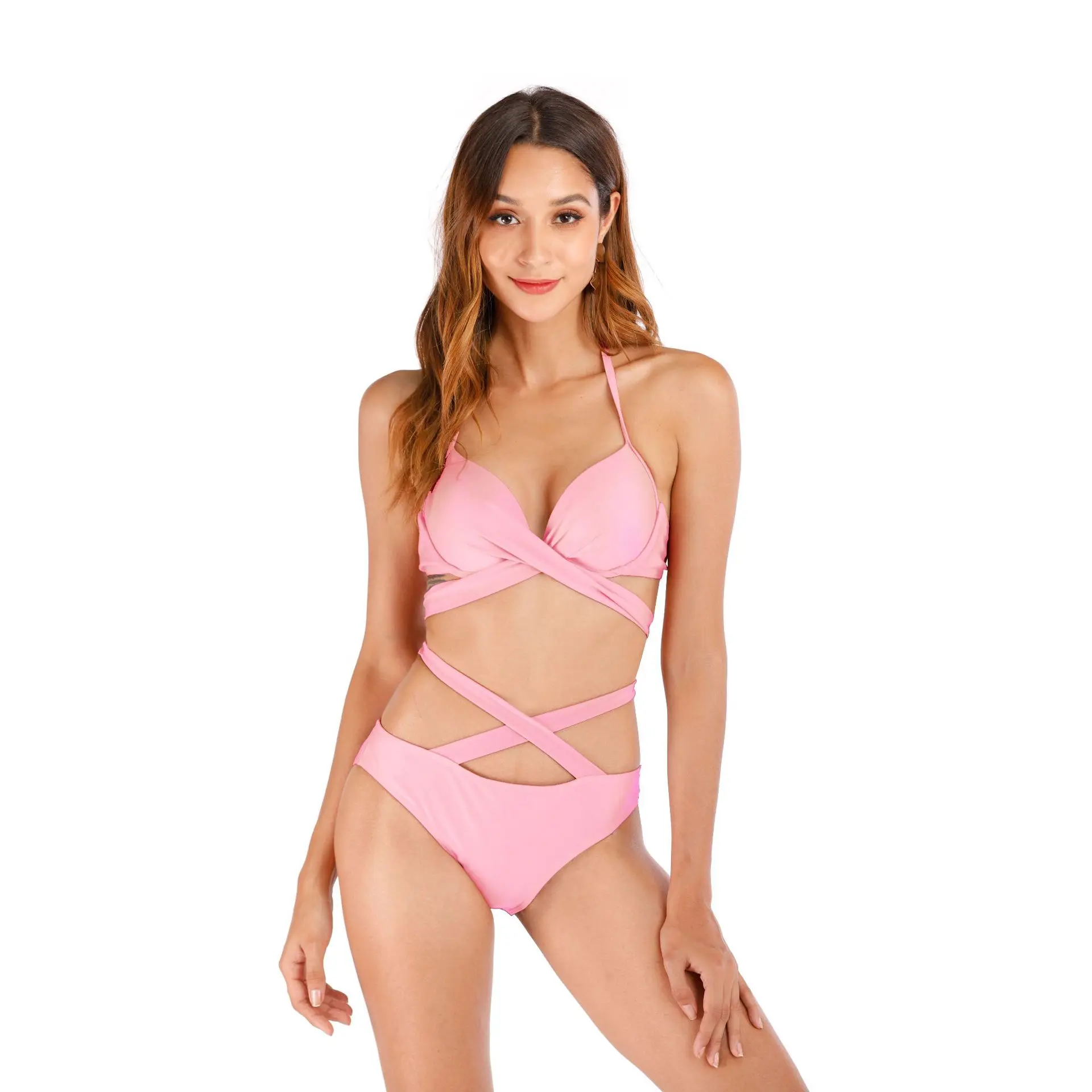 

Women Sexy Off-shoulder Bikini Sets Fashion Swimsuit Classic Lace-up Halter Two-piece Set Solid Color Backless Swimming Suit