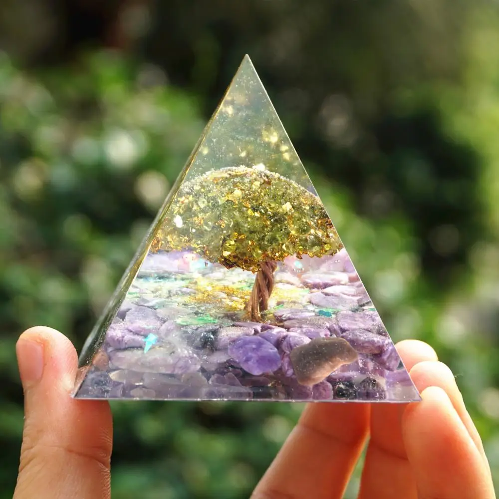 

Tree Of Life Orgone Pyramid Energy Chakra Reiki Meditaiton Tool Peridot With Charoite Natural Crystal Stones EMF Orgonite