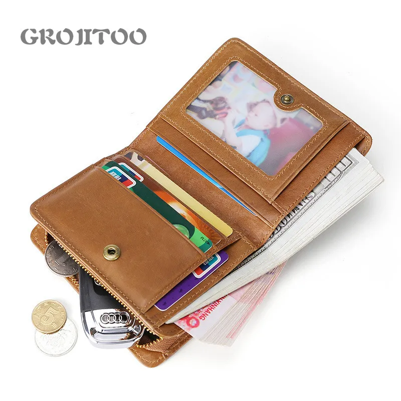 Мужской бумажник из натуральной кожи GROJITOO двойные короткие кошельки винтажный