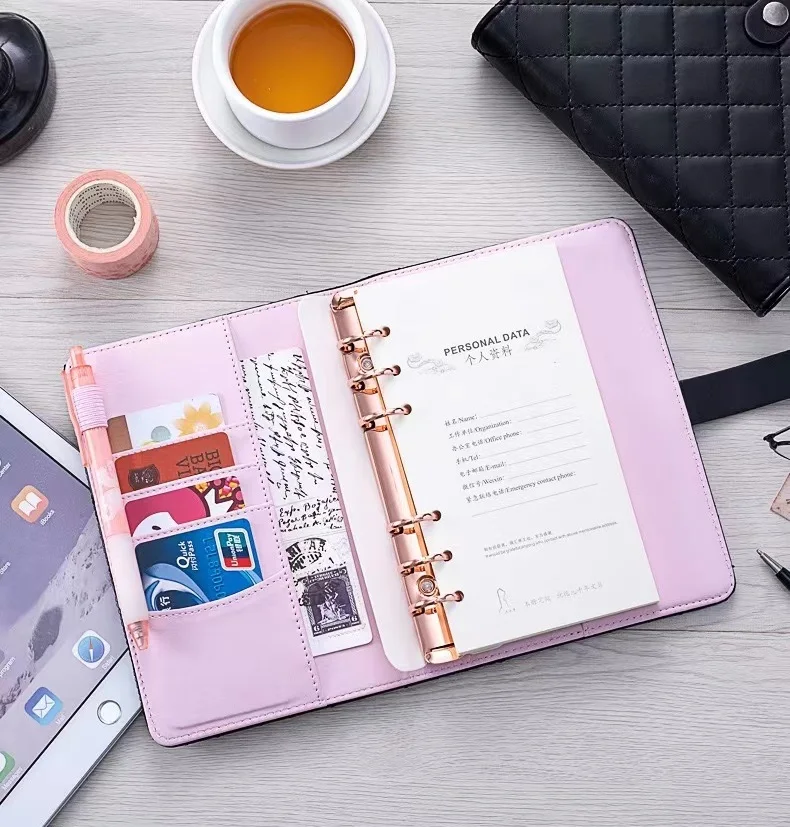 Блокнот А6 кожаный стеганый многоразовый с 6 кольцами 100 г/м2 80 листов | Канцтовары