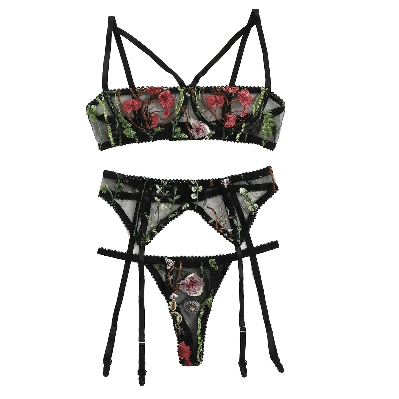 

New Women Underwear Set Ladies Sexy Temptation See-through Sleepwear Floral Embroidery Lingerie Mesh Nightwear Sexy Costumes