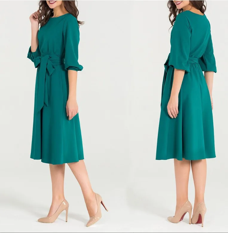 

2021 Autumn Vintage Soild Lantern Sleeve A-Line Dress Women Elegant O-Neck Solid Color Pocket Sashes Knee-Length Casual Dress