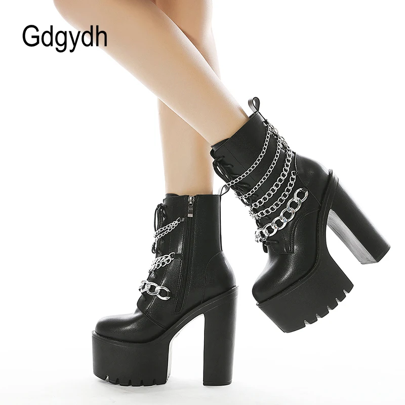 

Gdgydh Punk Style Platform Block Heels Boots for Women Fashion Metal Chain Model High Heels Motorcycle Boots Zipper Club Shoes