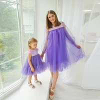 concise short mother kids dress for photoshoot or party pink and purple long sleeve puffy matching mom and me evening dresses
