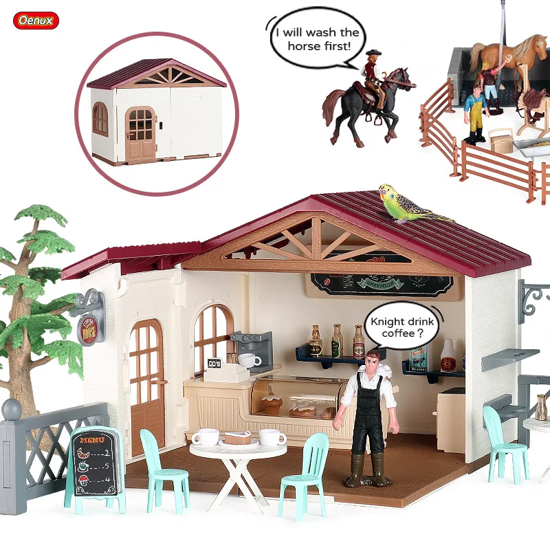 

Oenux Girl Play House Toy Simulation DIY Rider Coffee Horse Stable Farm Model Action Figures Animals Playset Figurine Kid Gift