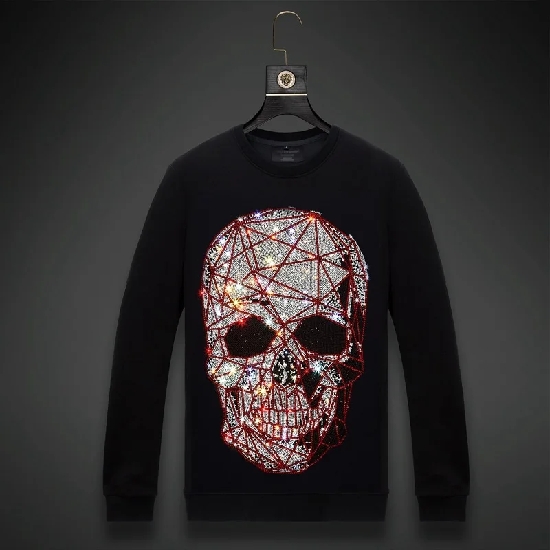 

Skull 2021 Red Rhinestones Men Hoodie Sweatshirt Fashion Streetwear Full Pullover Hoodie Black O Neck Cotton Mens Autumn Clothes