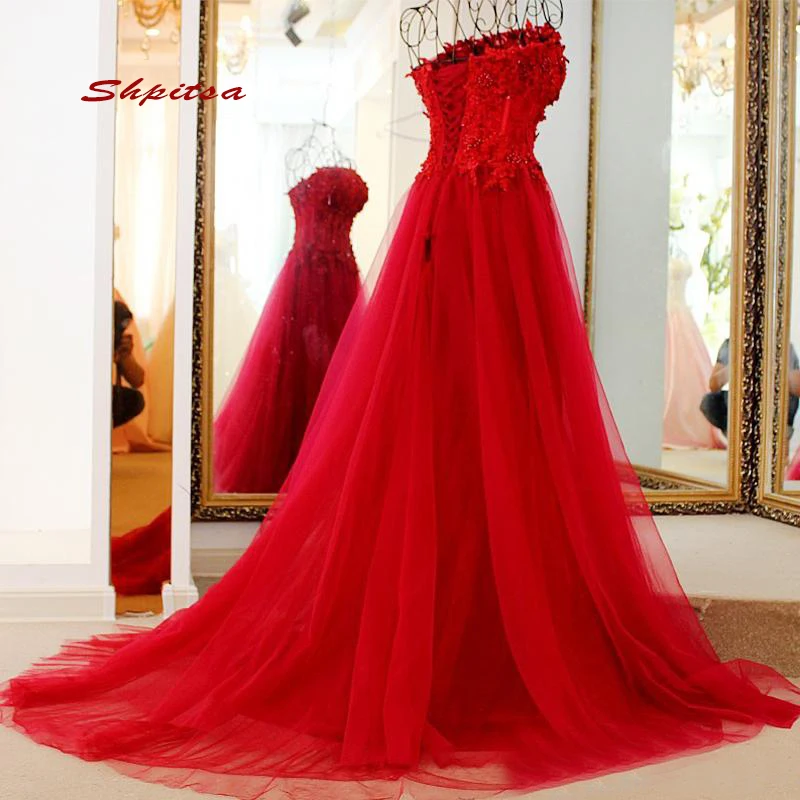 

Red Long Lace Evening Dresses Party Plus Size Ladies Beaded A line Women Prom Formal Dresses Evening Gown