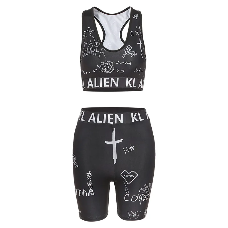 

Sexy Black Two Piece Sweatsuit for Women Workout Crop Top and High Waisted Biker Shorts 2021 Summer Tracksuit New
