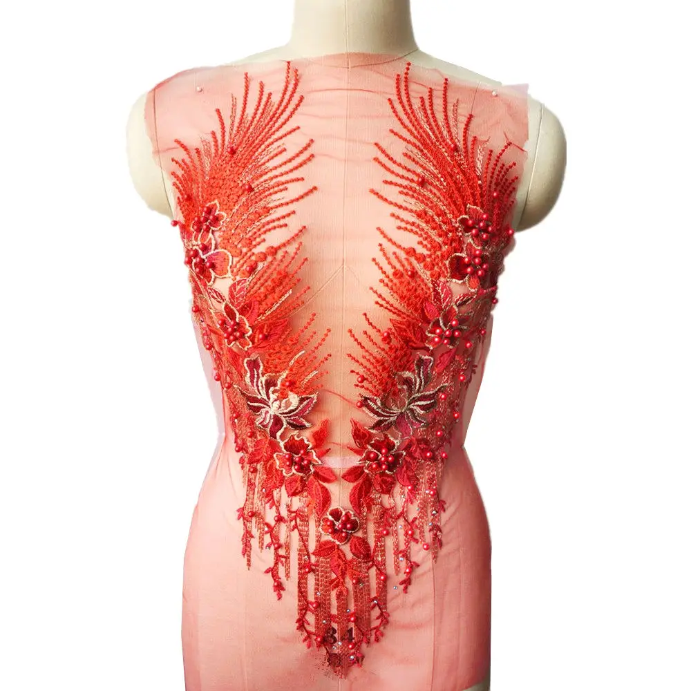 Красная кружевная ткань цветок кисточки бусины вышитая стразами Аппликация для