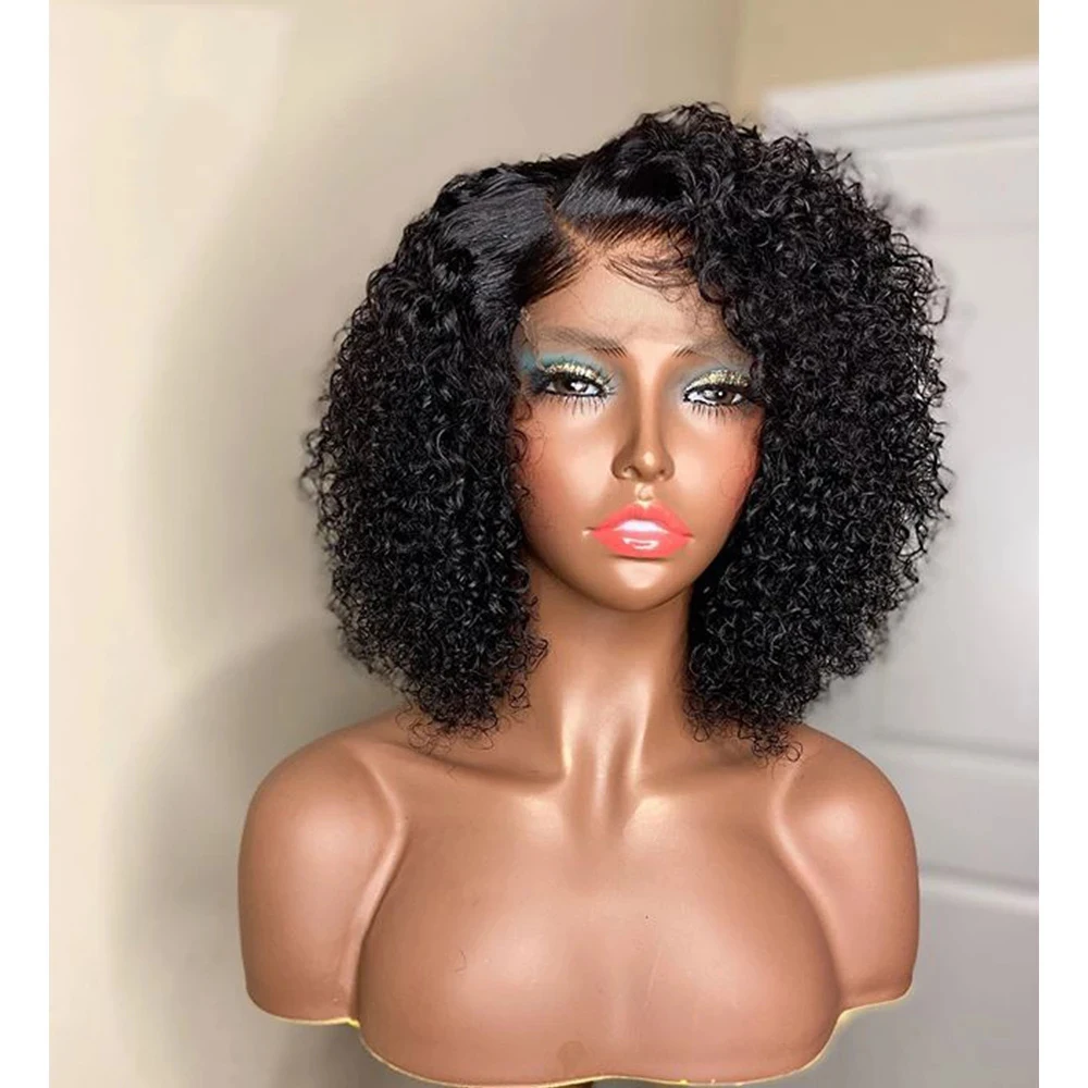 

Short Bob Kinky Curly Soft Natural Black Full Lace Human Hair Wigs For Women 13X6 Lace Front Wig PrePlucked 250% Density Remy