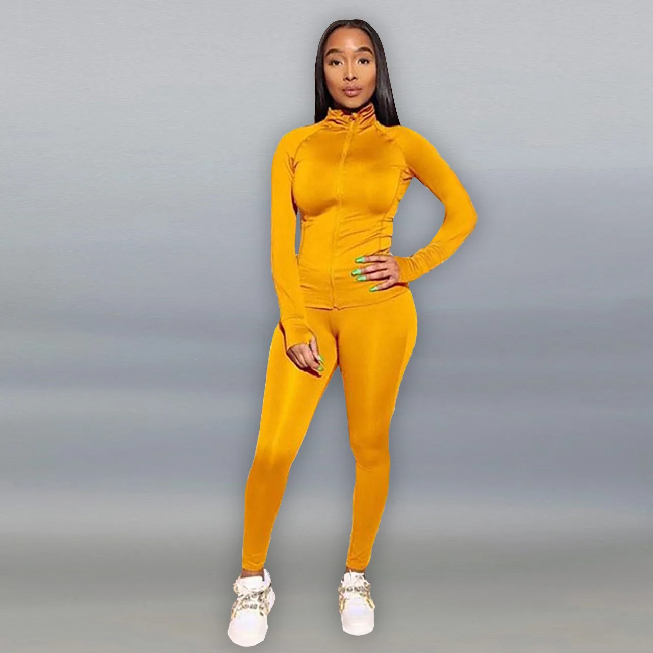 

Women Two Piece Sport Set Fashion Solid Color Long Sleeve Zipper Cardigan and Elastic High Waist Trousers Tracksuit