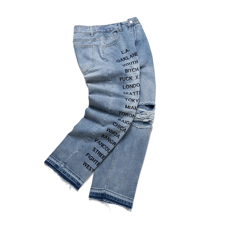 UNCLEDONJM рваные джинсы для мужчин с буквенным принтом джинсовые штаны стрейчевые