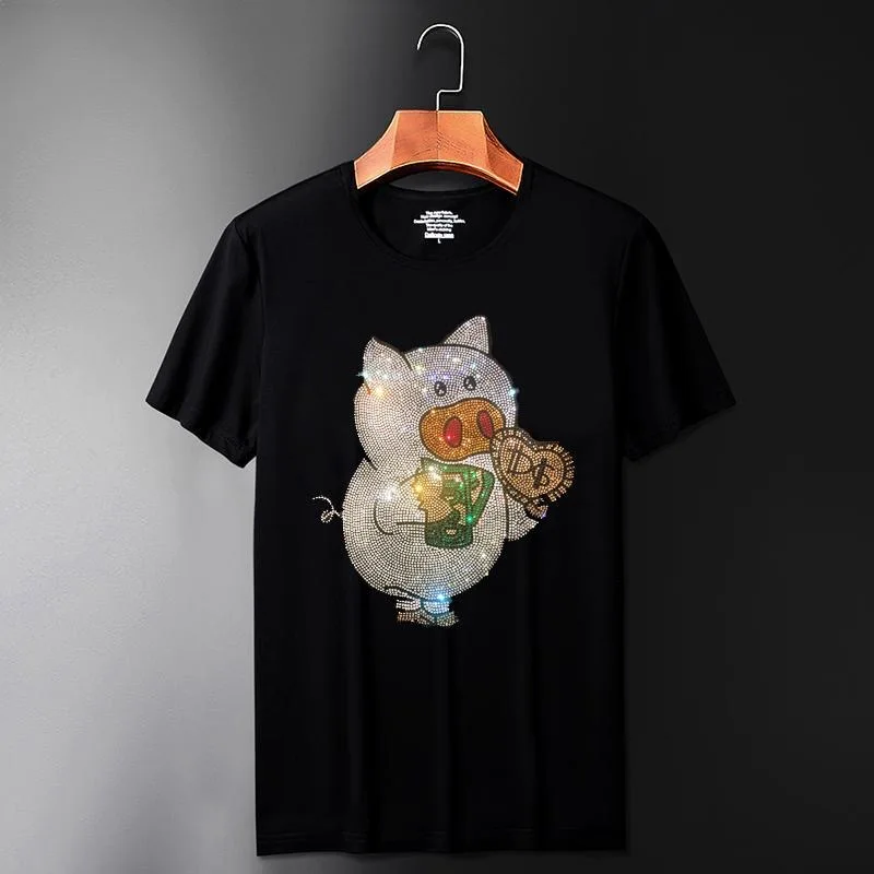 

Plus Size 2020 Rhinestones Silhouette pig T Shirts Men Short Sleeve Fashion Man Streetwear O Neck Slim Tee Calaveras Camiseta