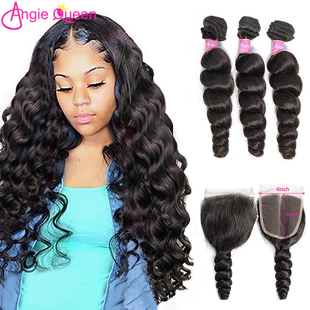 

Brazilian Hair Weave Bundles with Closure Loose Wave Human Hair 3 Bundles with Closure Virgin Wavy Angie Queen Hair Extentions