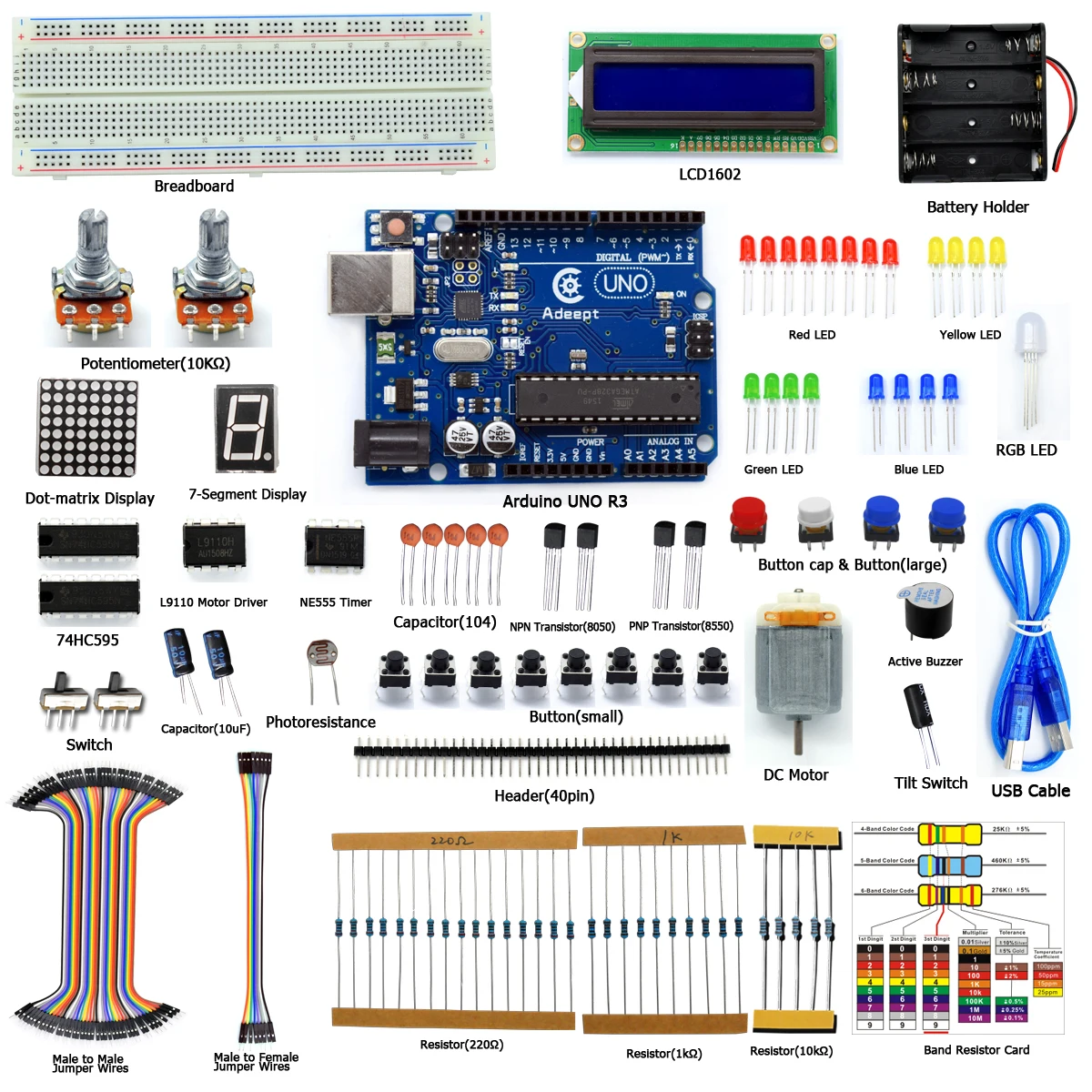 

Adeept Super Starter Kit for Arduino UNO R3, LCD1602, Breadboard, DC Motor
