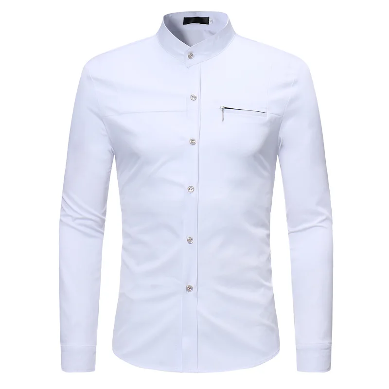 Модные мужские деловые рубашки с воротником-стойкой повседневные однотонные