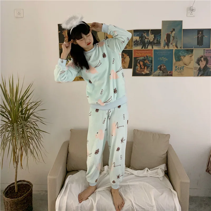 2019 Autumn Winter Women Pyjamas Sets Pajamas Sleepwear Long Sleeve Thick Warm Coral Flannel Female Print Pijama Mujer | Женская одежда