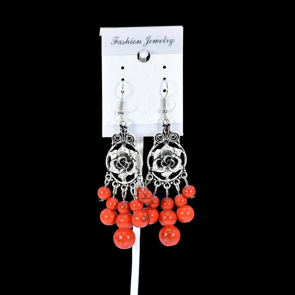 Богемные Винтажные серьги с красным камнем и бусинами для женщин эффектные