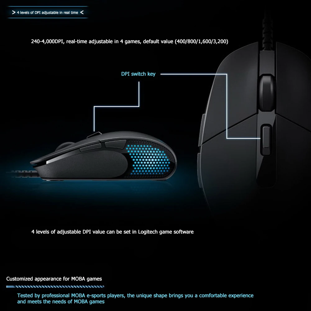 

Logitech G302 Wired Gaming Mouse Breathing Light Jedi Survival MOBA Competitive Mouse 240-4000DPI Four-speed Adjustable
