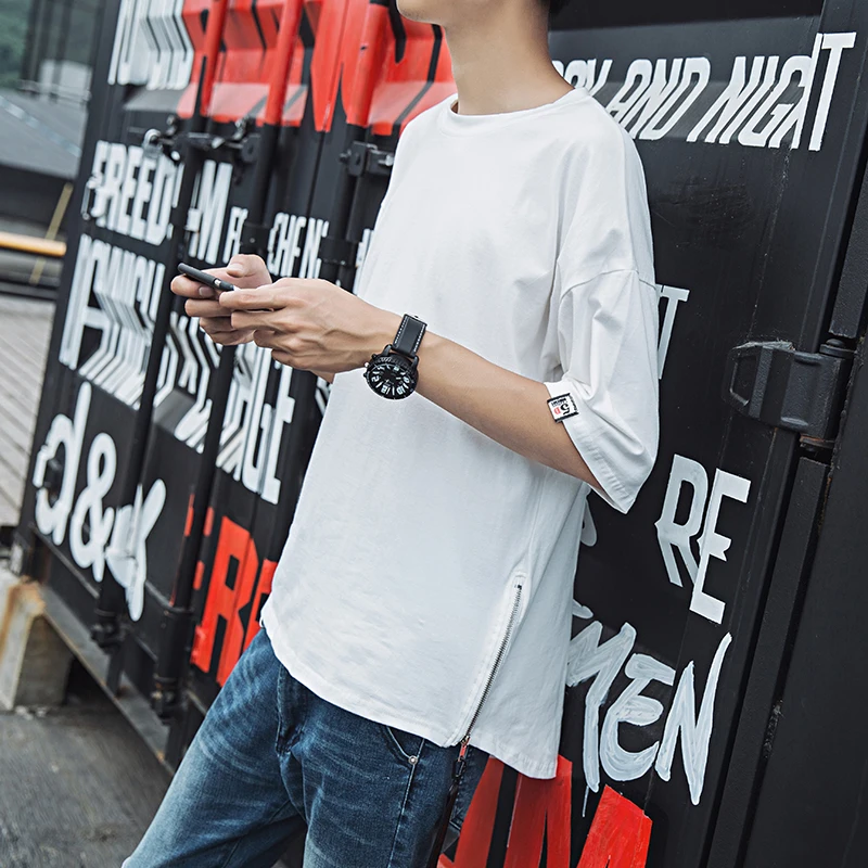 

Streetwear Cotton Men T-shirt Half Length Tee Shirt Homme Hip Hop Ribbons Side-zipper Short Sleeve Men T Shirt