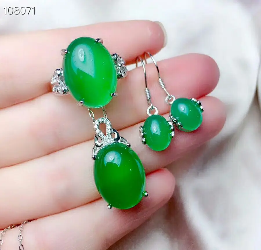 MeiBaPJ Natural Chalcedony Gemstone Earrings Ring Necklace for Women Real 925 Sterling Silver Green Stone Wedding Jewelry Set | Украшения и