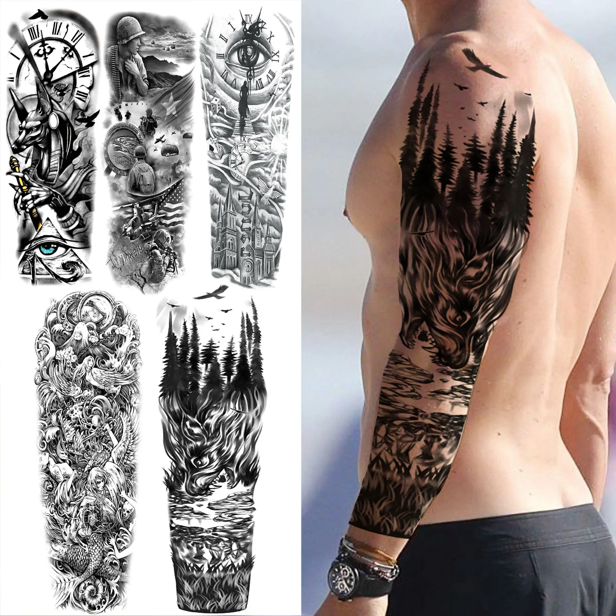 

Black Forest Wolf Temporary Tattoos Sleeve For Men Women Fake Soldier Compass Eye Tattoo Sticker Full Arm Washable Tatoos Sets