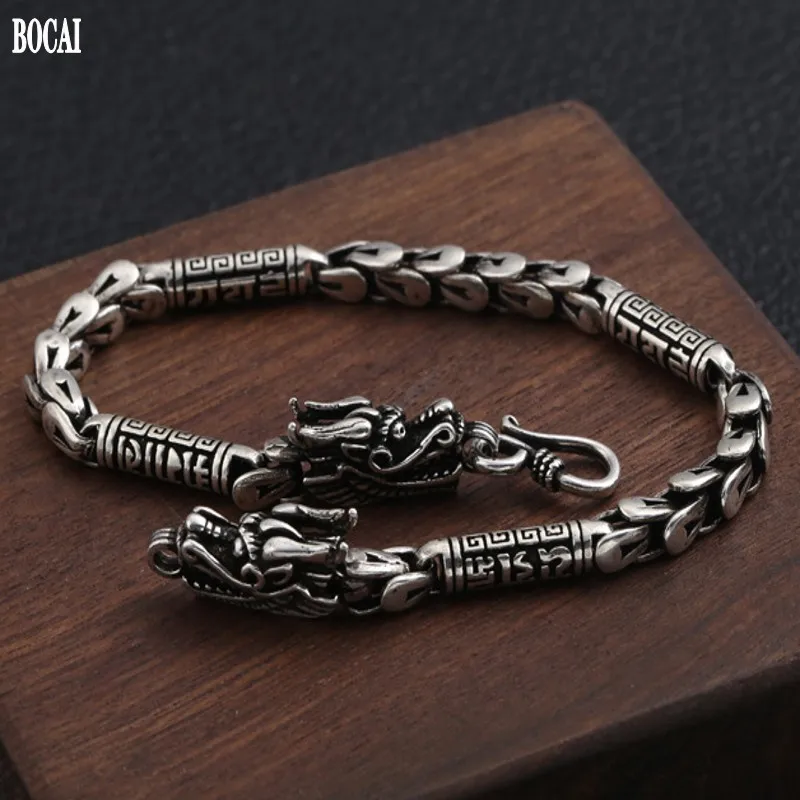Мужской браслет из чистого серебра 100% пробы с тайским серебряным драконом|Гибкие