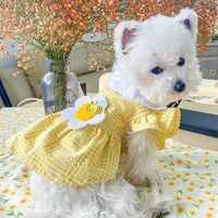xs xl yellow color cute girl princess puppy clothes sunflower decoration grid dress with puff sleeve dresses for dogs
