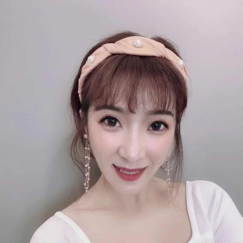 

Korean Pearl Folds Headband Candy Solid Color Princess Fabric Crystal Hair Hoop Band Wide Side Hairbands Girls Hair Accessories