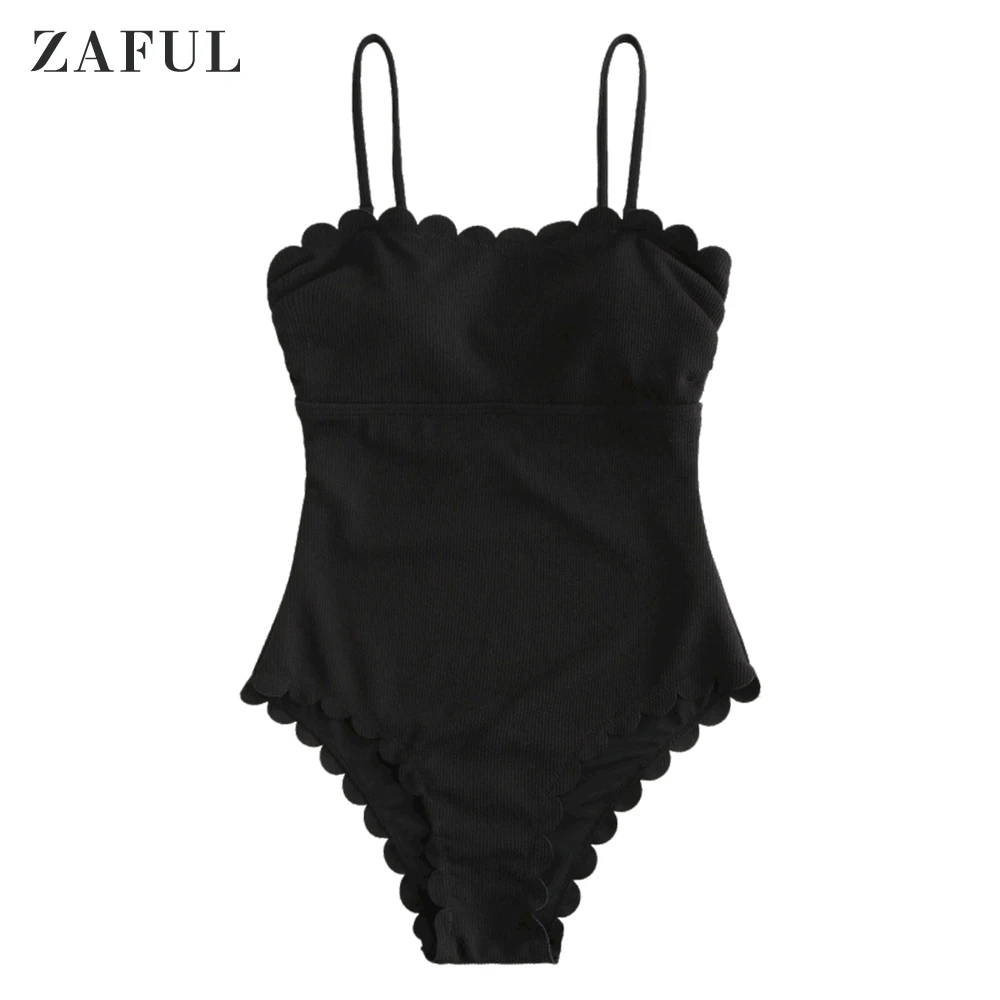

ZAFUL Ribbed Scalloped Cami Swimsuit High Waisted Boning Side Bikinis Open Back One-Piece Suits High Cut