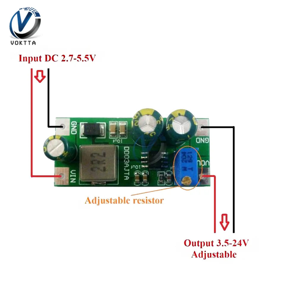

DC 6A 30W 3V 3.3V 3.7V 5.5V to 5V 6V 7.5V 9V 10V 12V 14.8V 24V Step-Up Boost Converter Board for 18650 Lithium Battery Module