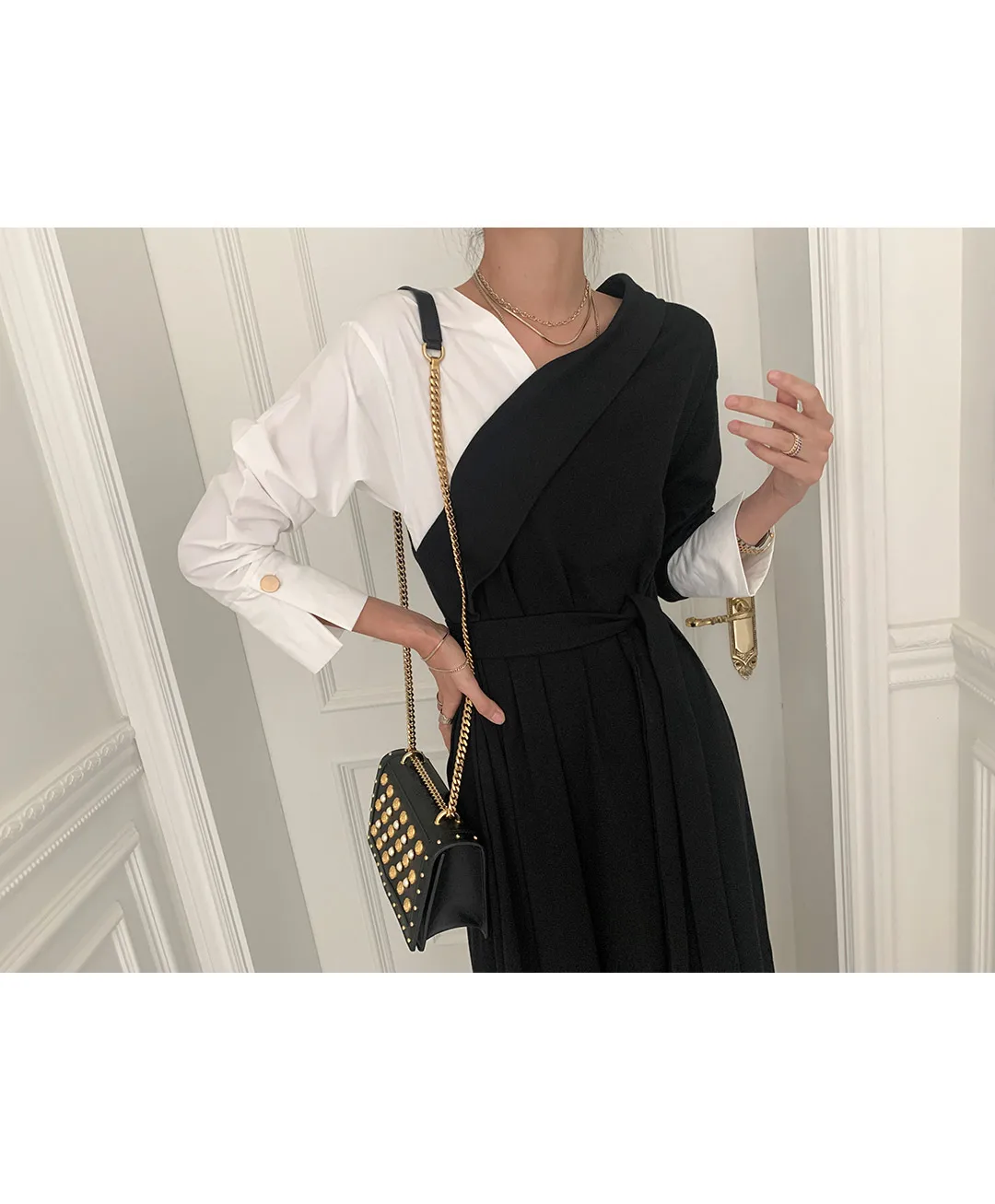 

ZCSMLL Korean chic dress for women vintage fashion thin V-neck stitching fake two-piece lace-up waist long dresses female