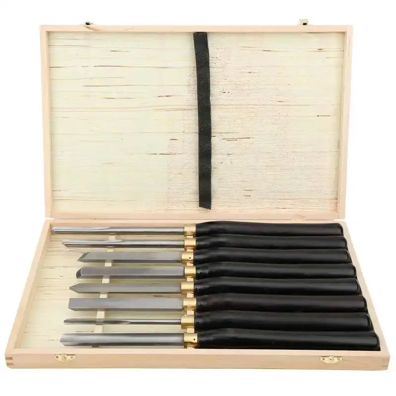 8pcs Wood Turning Chisels HSS Gouge Beech Handle with Wood Case Wood Turning Tool for Woodworkers
