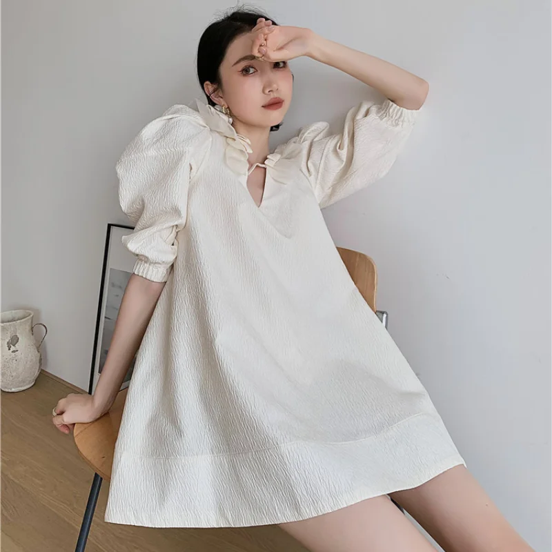 

Kimotimo Solid Bow Puff Sleeve Dress Women Korean Chic Summer Loose V-neck A Line Mini Dresses 2021 New Sweet Age Reduction