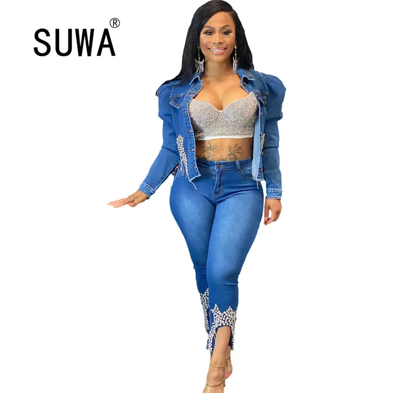 Элегантные короткие джинсовые куртки с жемчужными бусинами Женская винтажная