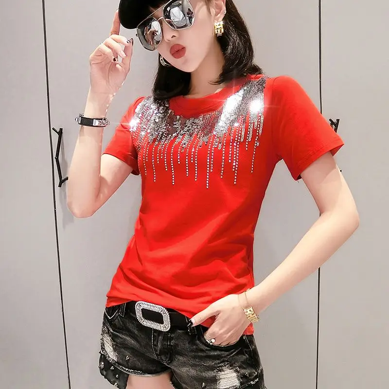 Red tshirt Однотонная футболка с блестками и бриллиантами, круглый вырез, новинка, летний офисный женский хлопковый топ, рубашка, Camiseta Mujer, черный, белый цвет, T95107L - Цвет: Red tshirt