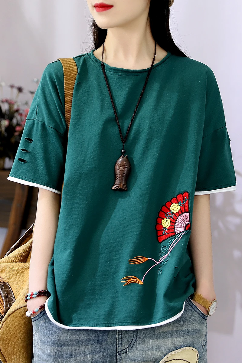 

Retro Art summer embroidered fan O neck top loose style short sleeve T-shirt women's fashion top