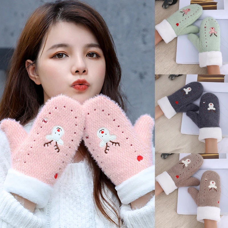 

Women Winter Warm Christmas Knitted Full Finger Gloves Cute Cartoon Elk Embroidery Thicken Plush Lined Thermal Mittens