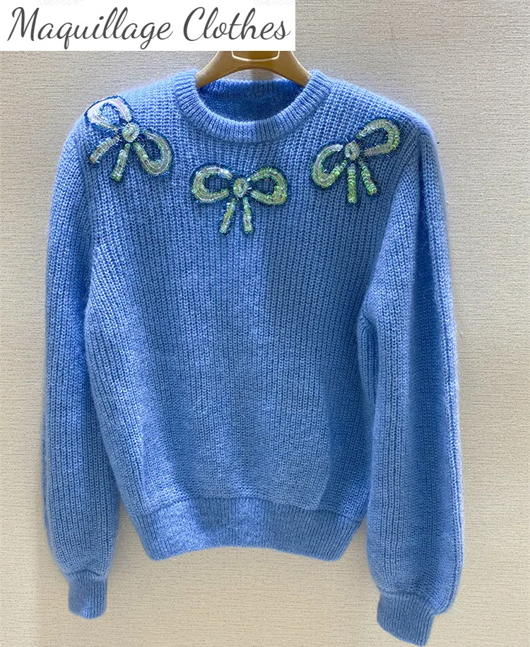 

2021 Autumn Winter Fashion women's High quality sequins Bow embroidery sweaters Chic soft loose pullovers sweater C051