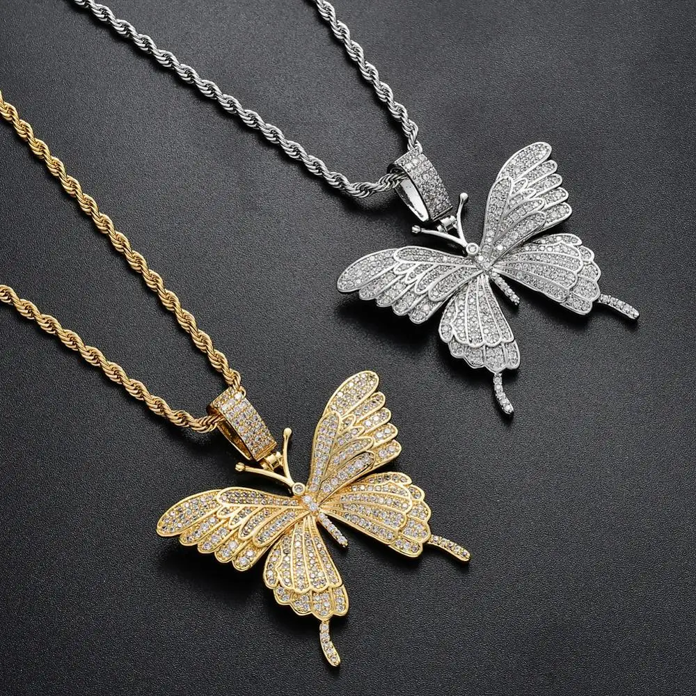 

Animal Butterfly Necklace & Pendant Iced Out Tennis Chain Gold Color AAA Cubic Zircon Men's Women Hip hop Rock Jewelry