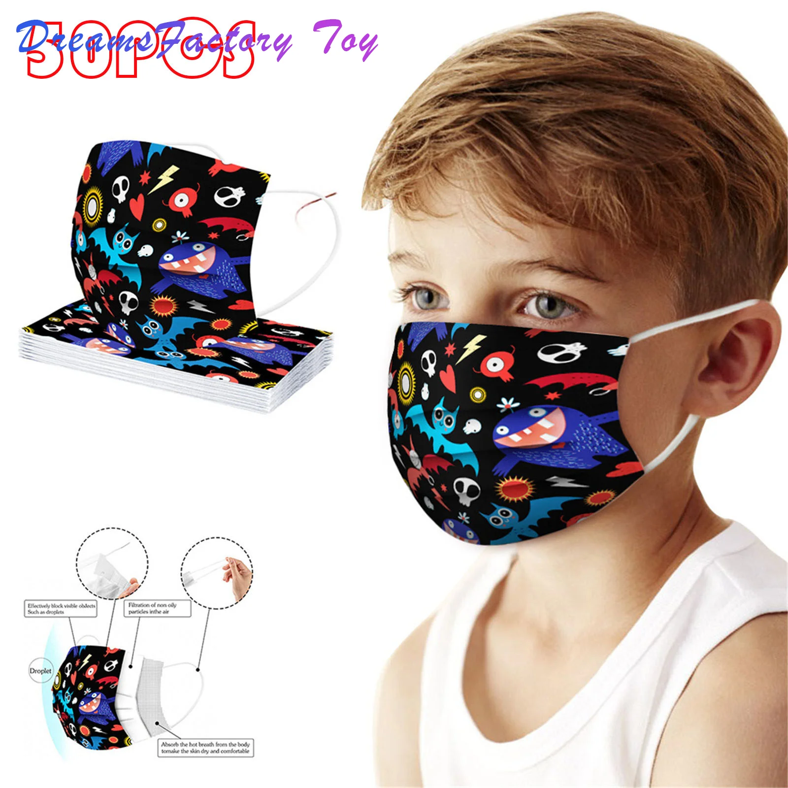 

50 шт., одноразовые маски для лица с рисунком на Хэллоуин