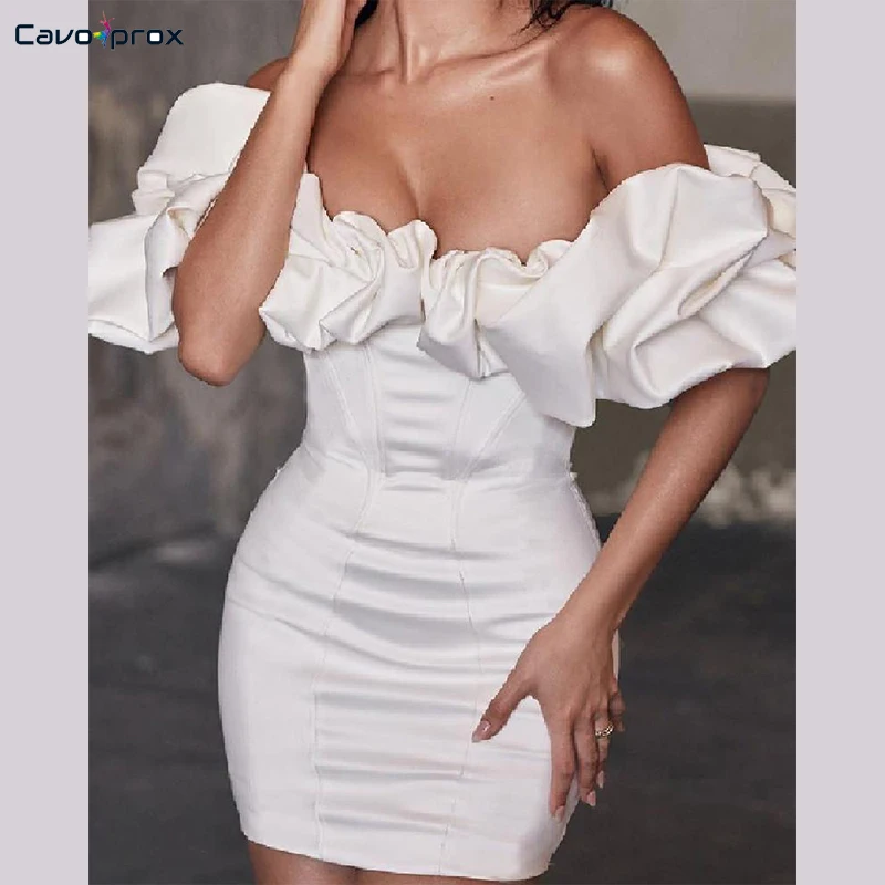 Твердые оборками с плеча Bodycon платье женщин Сплошной Белый Bodycon шикарные Коктейльные Вечерние платья - Цвет: Белый