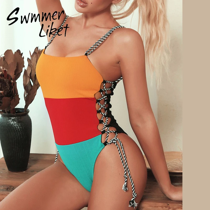 Лоскутное бикини 2020 купальник с завязками Женский цельный со шнуровкой сбоку