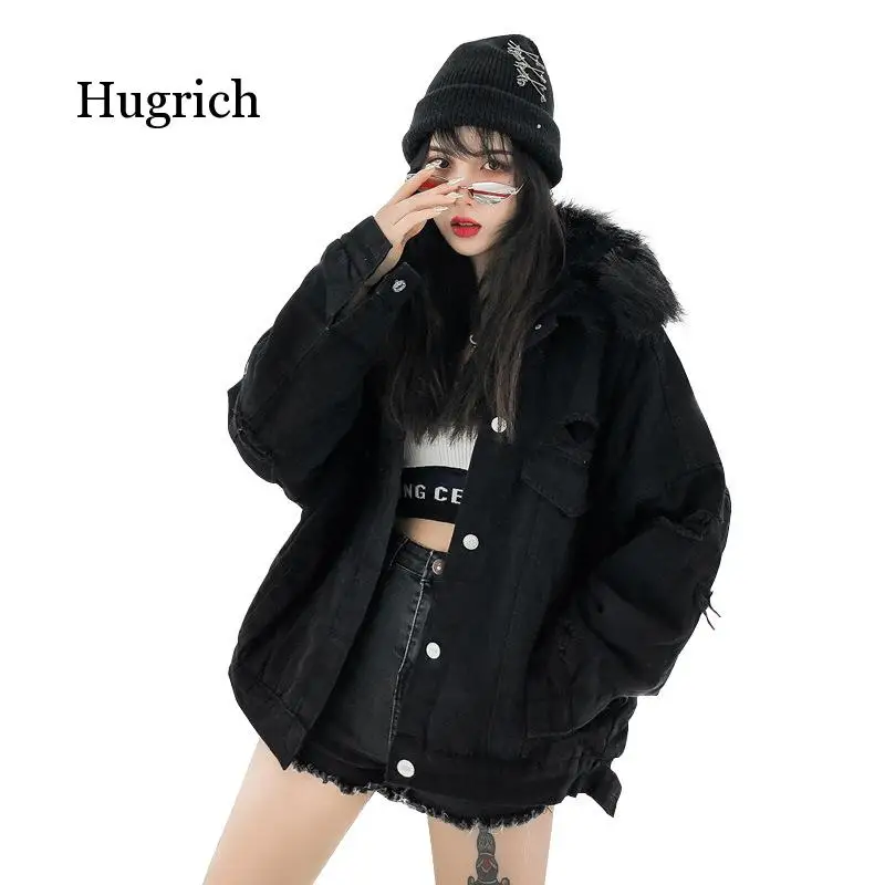 

Thick Coat Winter Loose Hole Sequined Denim with Plush and High Quality Fur Black Collar
