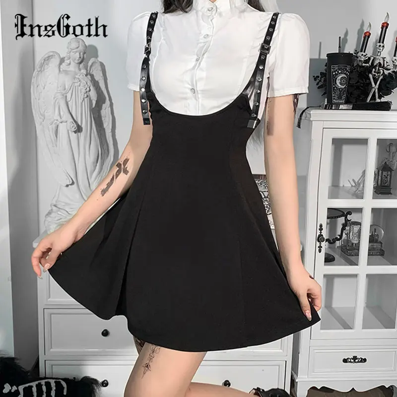 

InsGoth Grunge Rivet Patchwork Black Soild Skirt Goth Punk Streetwear Sexy A Line High Waist Mini Skirts Harajuku Y2K Girl Skirt