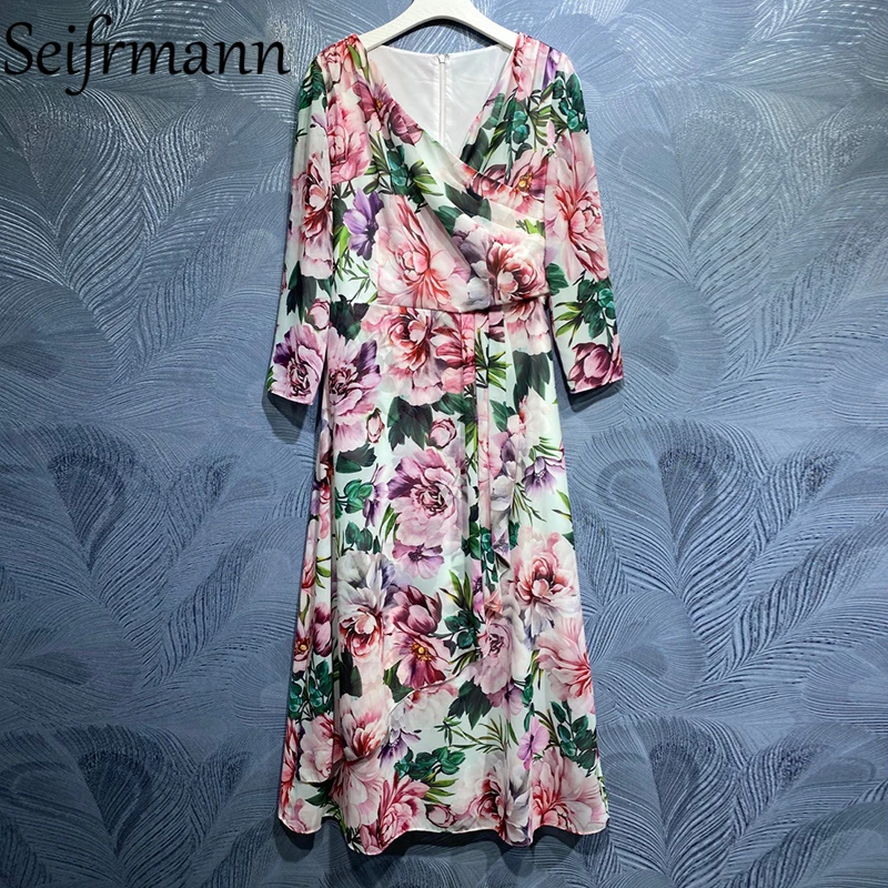 

Seifrmann New 2021 Summer Women Fashion Designer Party Long Dress Long Sleeve High Waist Patchwork Floral Print Ladies Dresses