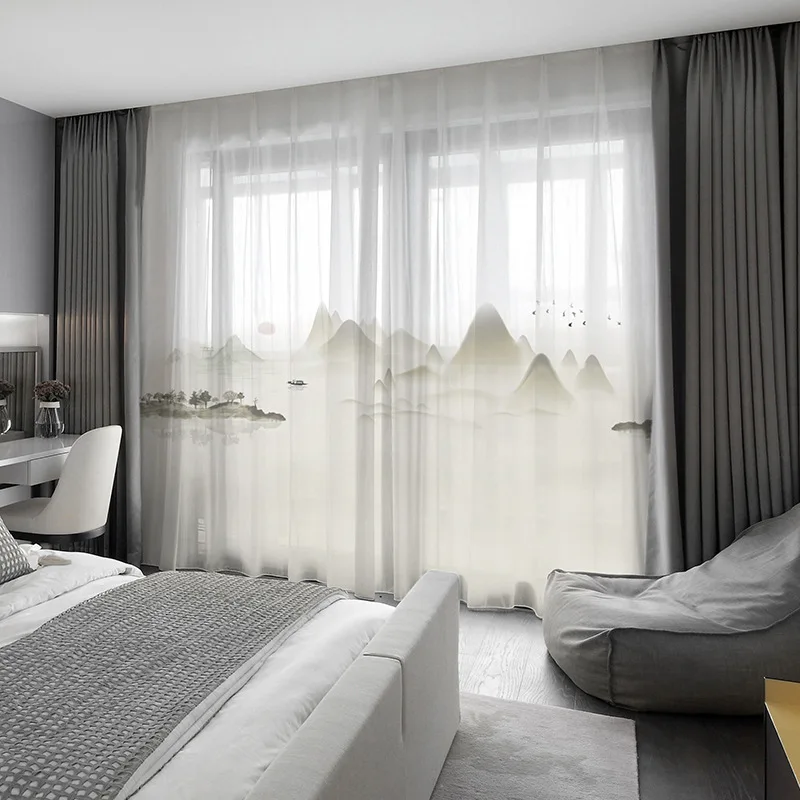 New Chinese Style 5D Digital Printed Desgin Window Screen Chiffon Fabric For Living Room Studyroom White Tulle AG 439#4 | Дом и сад